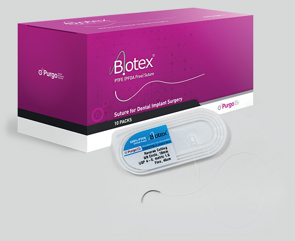 A Biotex® é uma sutura de PTFE, fabricada a partir de um monofilamento não reabsorvível, conectada a uma agulha cirúrgica única de aço inoxidável. A sutura não possui revestimento ou corante, sendo estéril e de uso único, composta de 100% de PTFE.