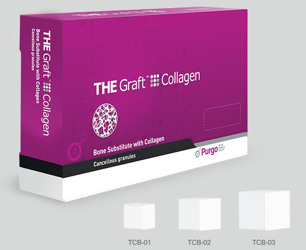 O THE GraftTM Collagen caixa é composto de 90% matriz mineral óssea porcina de origem trabecular e 10% de atelocolágeno advindo do tendão porcino.